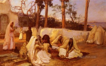 three women at the table by the lamp Painting - Women At The Cemetery Algiers Frederick Arthur Bridgman